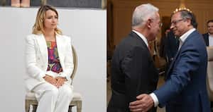 De izquierda a derecha: Andrea Petro, Álvaro Uribe y Gustavo Petro.