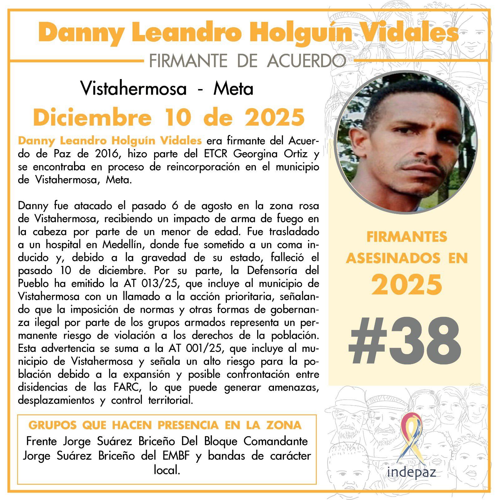 Danny Leandro Holguín Vidales, firmante asesinado en Vistahermosa, Meta.