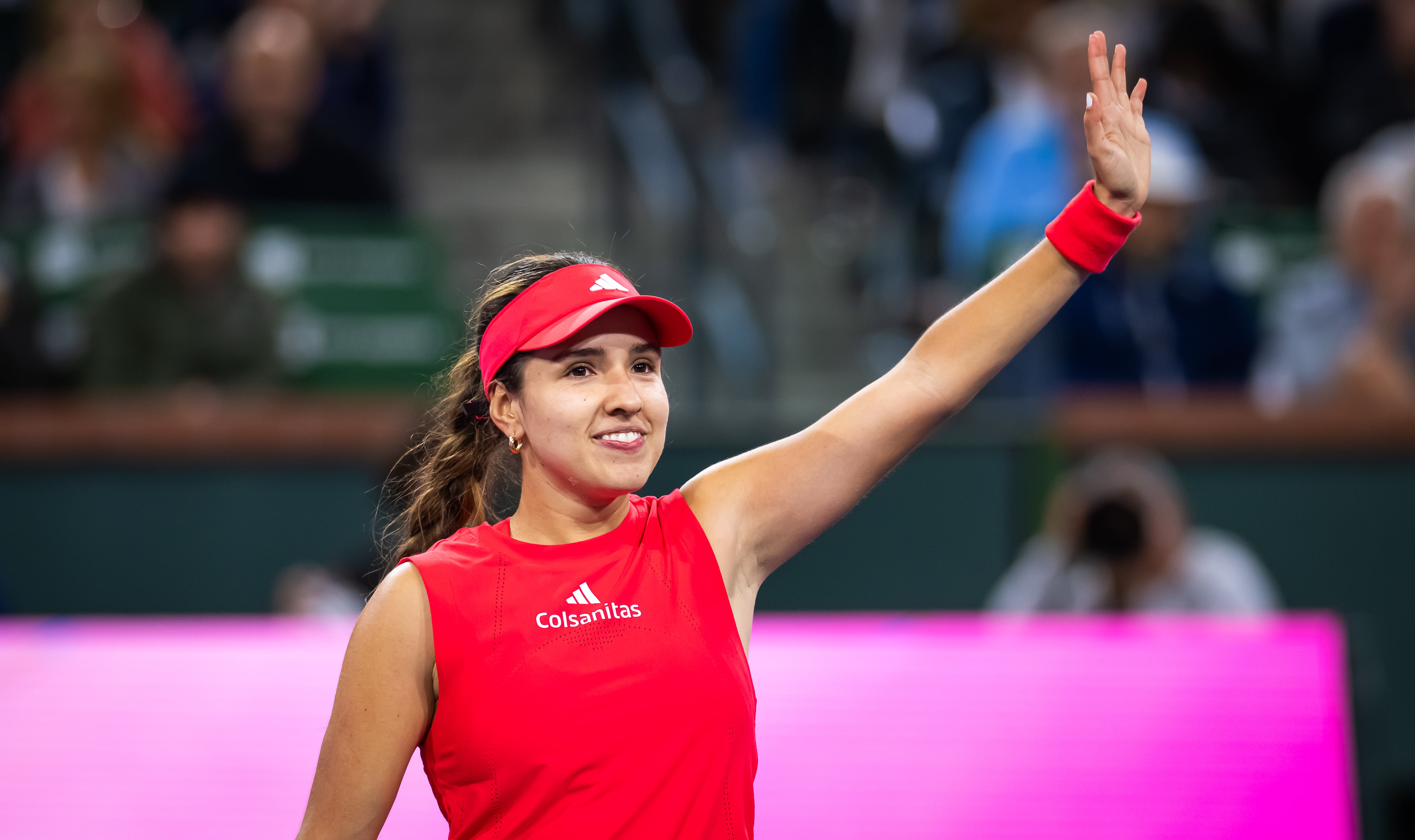 INDIAN WELLS, CALIFORNIA - MARCH 05:  Camila Osorio of Colombia celebrates defeating Naomi Osaka of Japan in the first round on Day 1 of the BNP Paribas Open at Indian Wells Tennis Garden on March 05, 2025 in Indian Wells, California (Photo by Robert Prange/Getty Images)