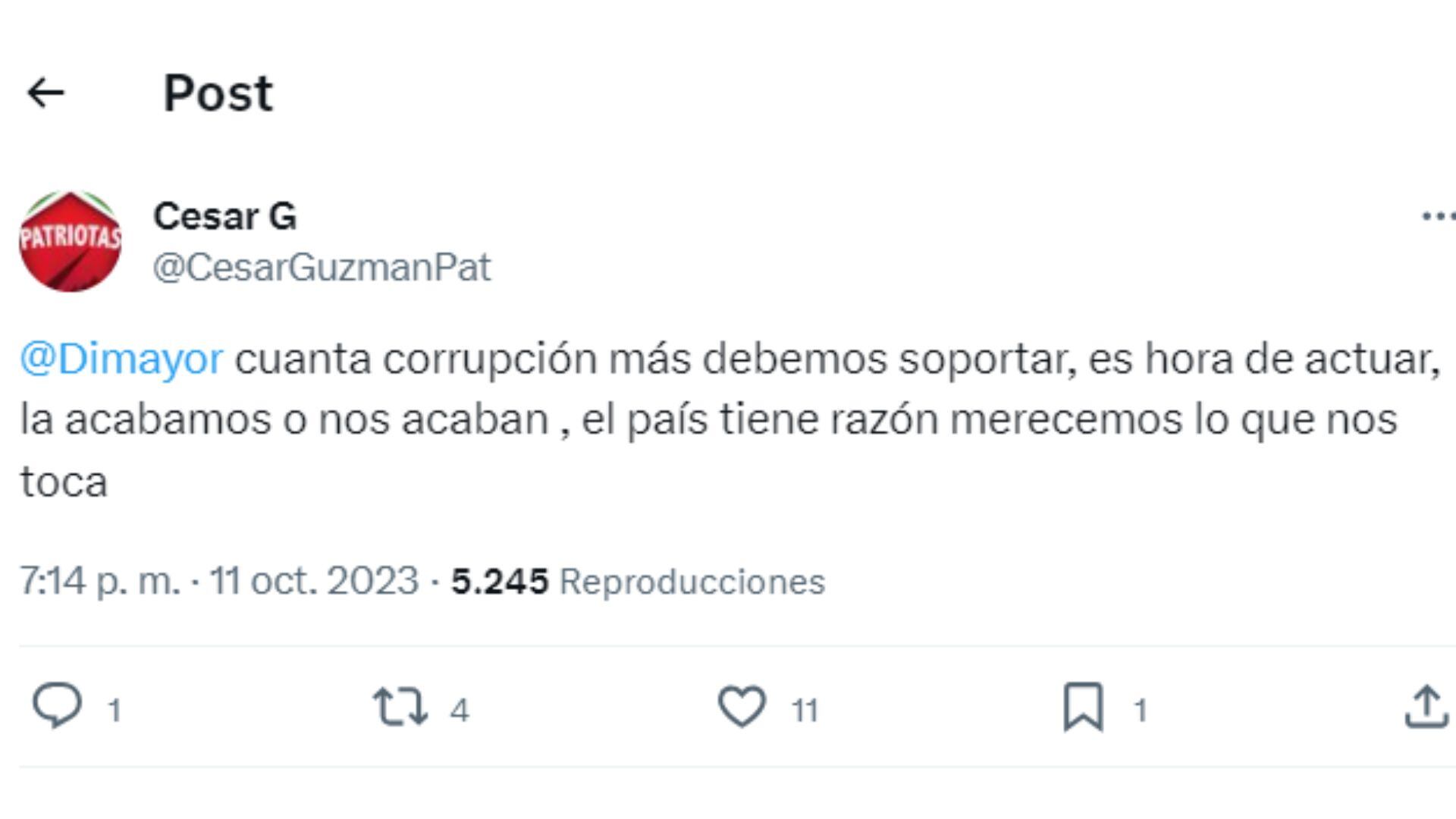 Tweet de César Guzmán denunciando actos de corrupción por medio de su cuenta de Twitter.