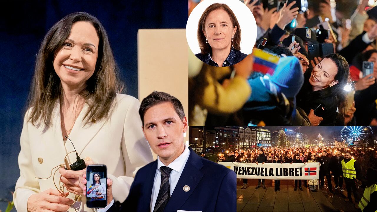 María Corina Machado cumplió su palabra y llegó a Oslo. En la foto al lado de Jørgen Watne Frydnes, del Comité del Nobel.