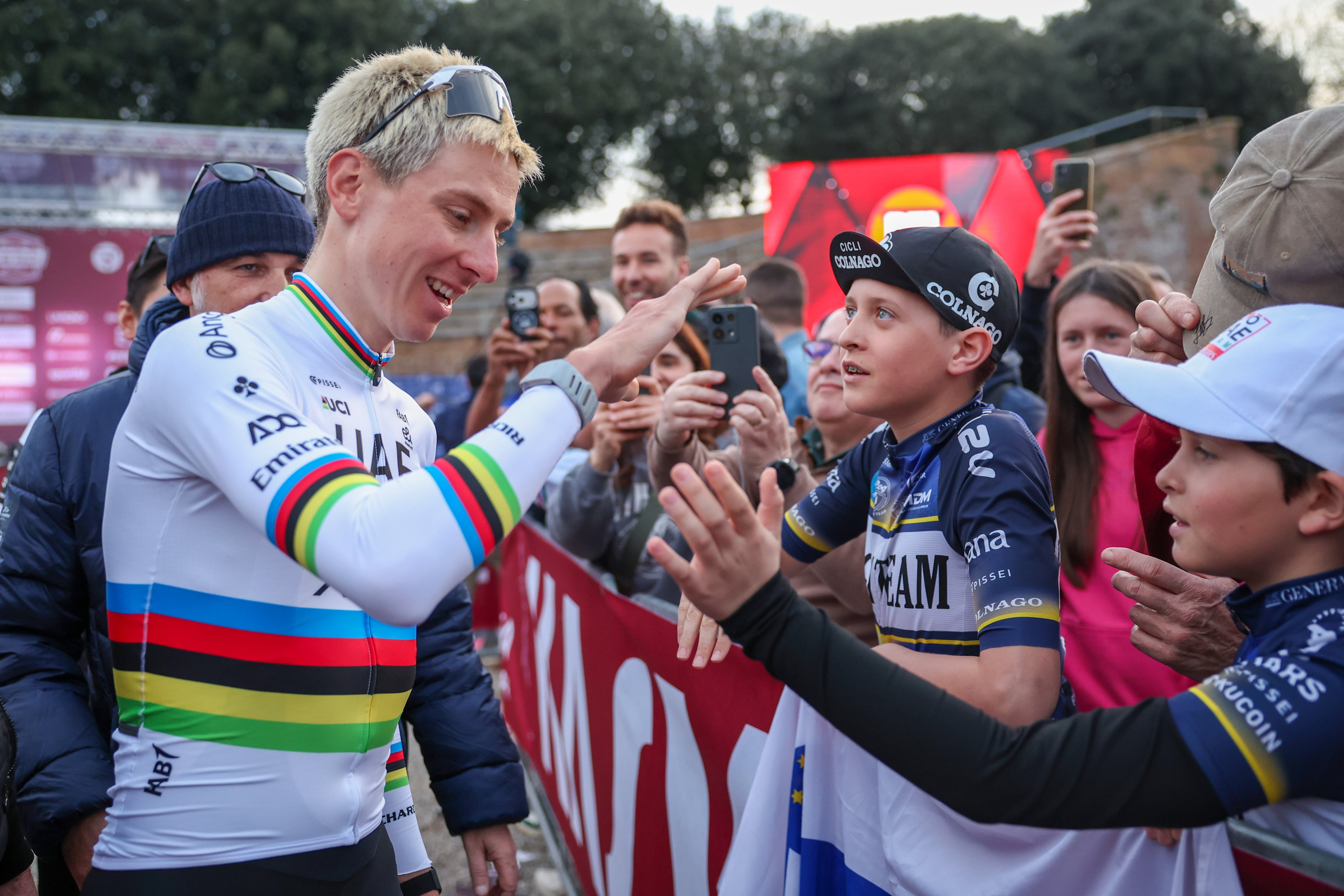SIENA, ITALY - MARCH 06: Tadej Pogacar of Slovenia and UAE Team Emirates - XRG attends the team presentation prior to the 20th Strade Bianche 2026 on March 06, 2026 in Siena, Italy. (Photo by Sara Cavallini/Getty Images)