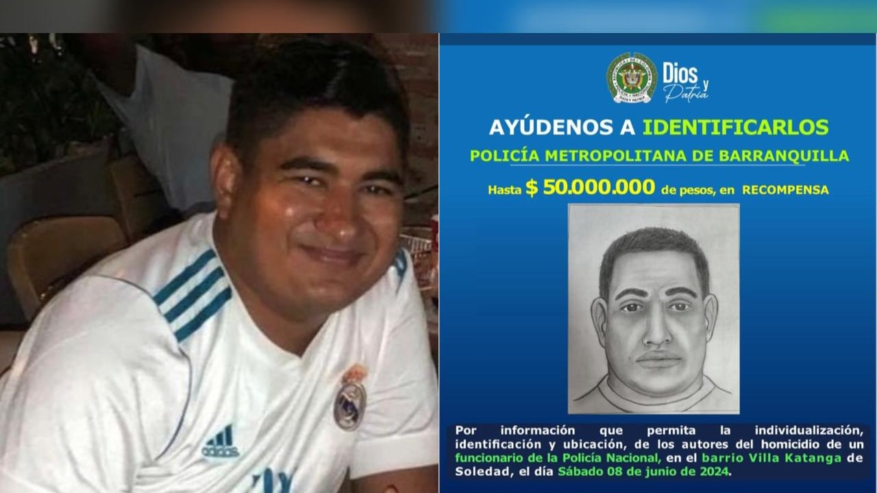Patrullero de la Sijín asesinado en Soledad, Atlántico, y el retrato hablado del sicario que le disparó.