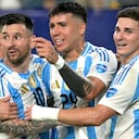Argentina's forward #10 Lionel Messi celebrates scoring his team's second goal with teammates during the Conmebol 2024 Copa America tournament semi-final football match between Argentina and Canada at MetLife Stadium, in East Rutherford, New Jersey on July 9, 2024. (Photo by JUAN MABROMATA / AFP)