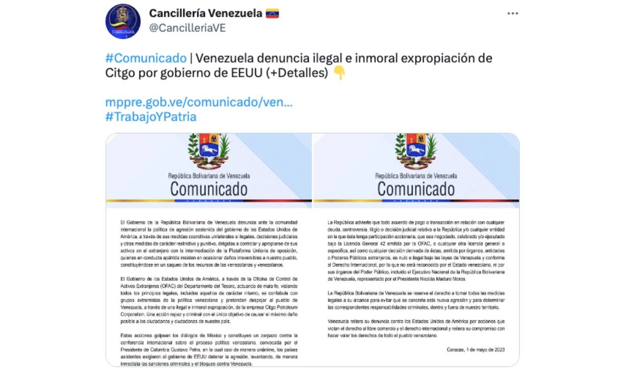La Cancillería de Venezuela se pronunció y habló de expropiación