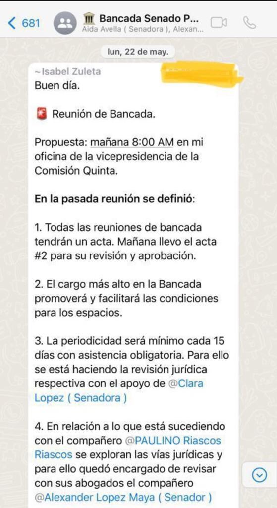 La senadora Isabel Zuleta habla de acciones jurídicas para atravesarse a la aspiración de Paulino Riascos a la presidencia del Senado.