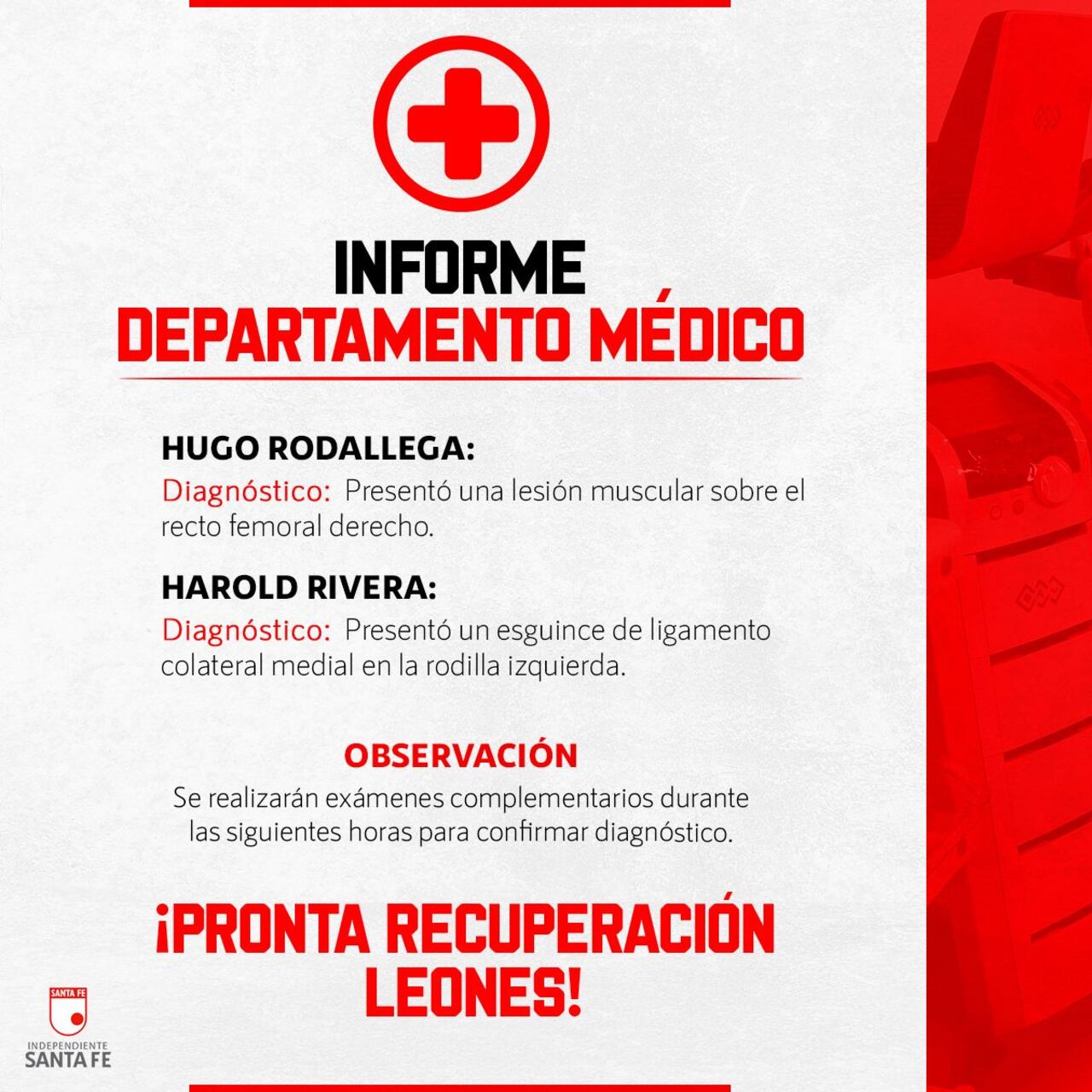 El parte médico de Independiente Santa Fe sobre Hugo Rodallega y Harold Rivera.