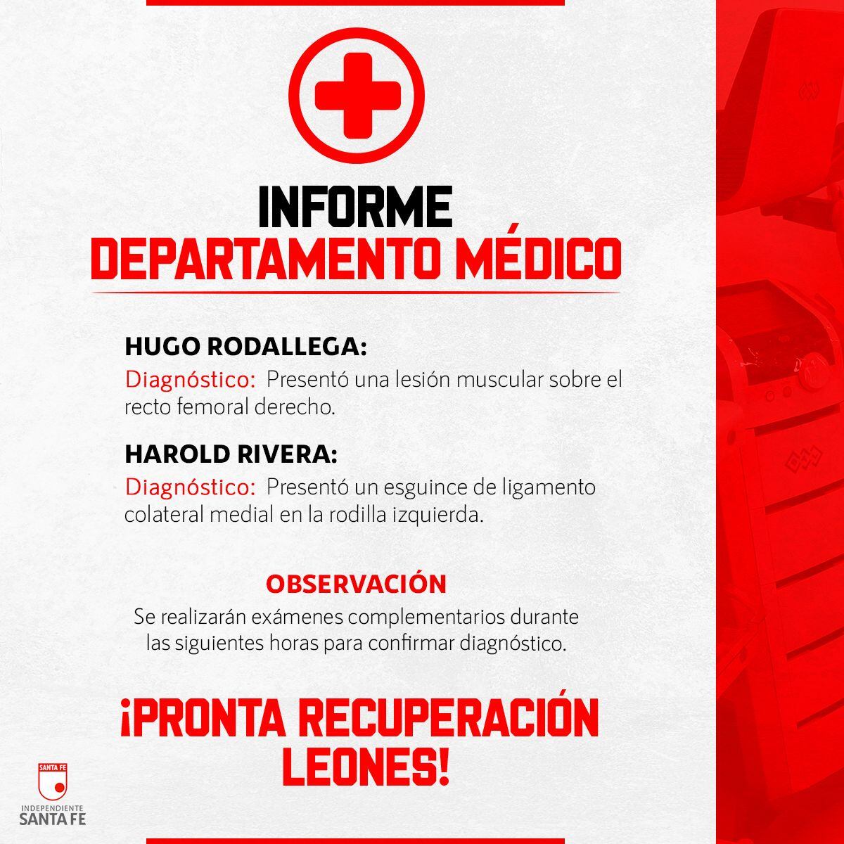 El parte médico de Independiente Santa Fe sobre Hugo Rodallega y Harold Rivera.