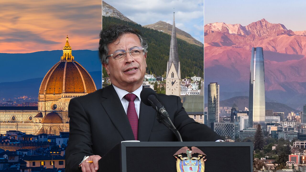 El presidente de Colombia, Gustavo Petro. Al fondo, Florencia (Italia), Davos (Suiza) y Santiago de Chile.