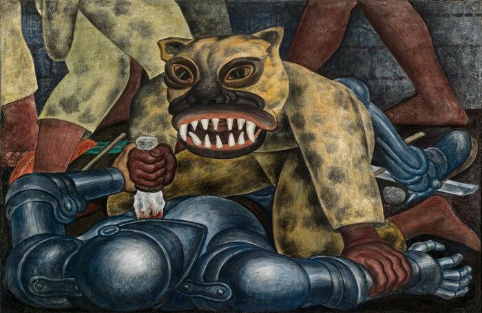"Guerrero indio" (1931), de Diego Rivera, se remonta a la conquista de América. Ilustra una escena en la que un guerrero azteca vestido de jaguar hunde un puñal en la garganta de un conquistador. El puñal hace referencia a las navajas de pedernal que solían usar los antiguos habitantes de México. 