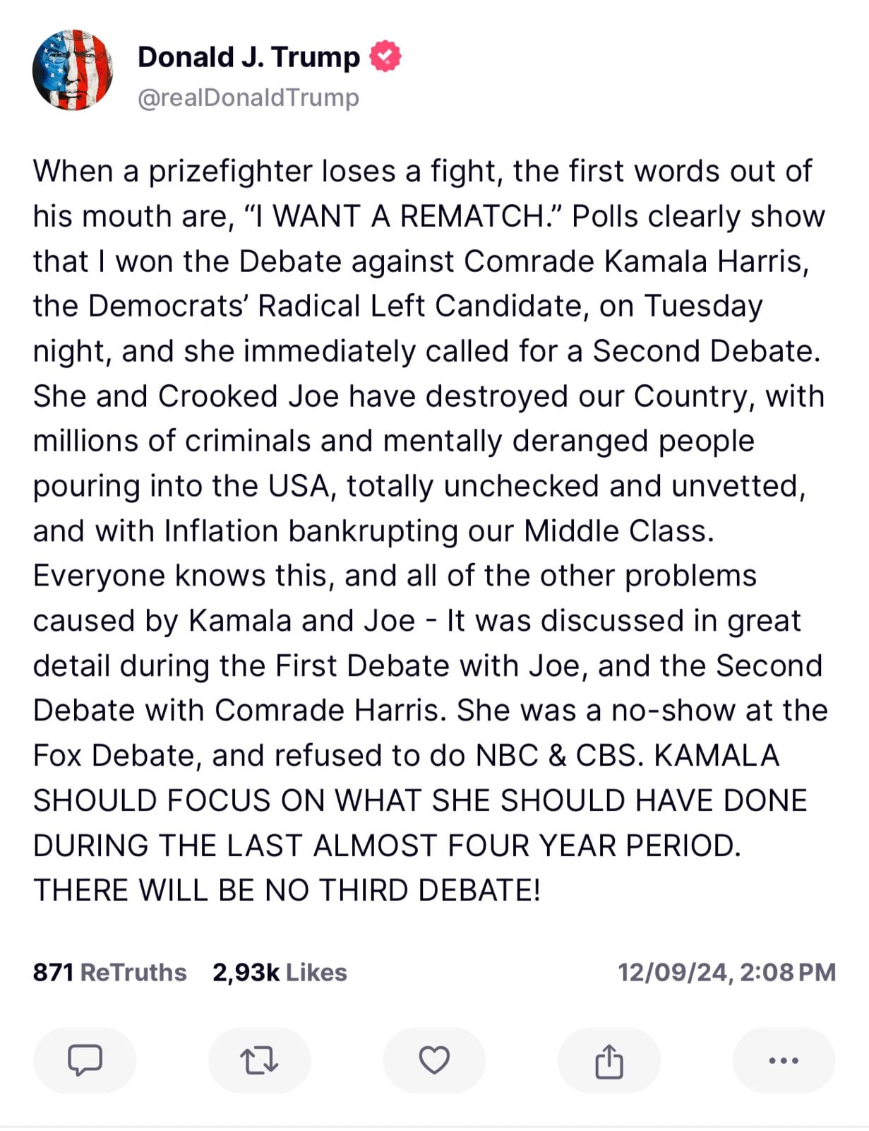 El expresidente Trump publica un mensaje en su cuenta de Truth