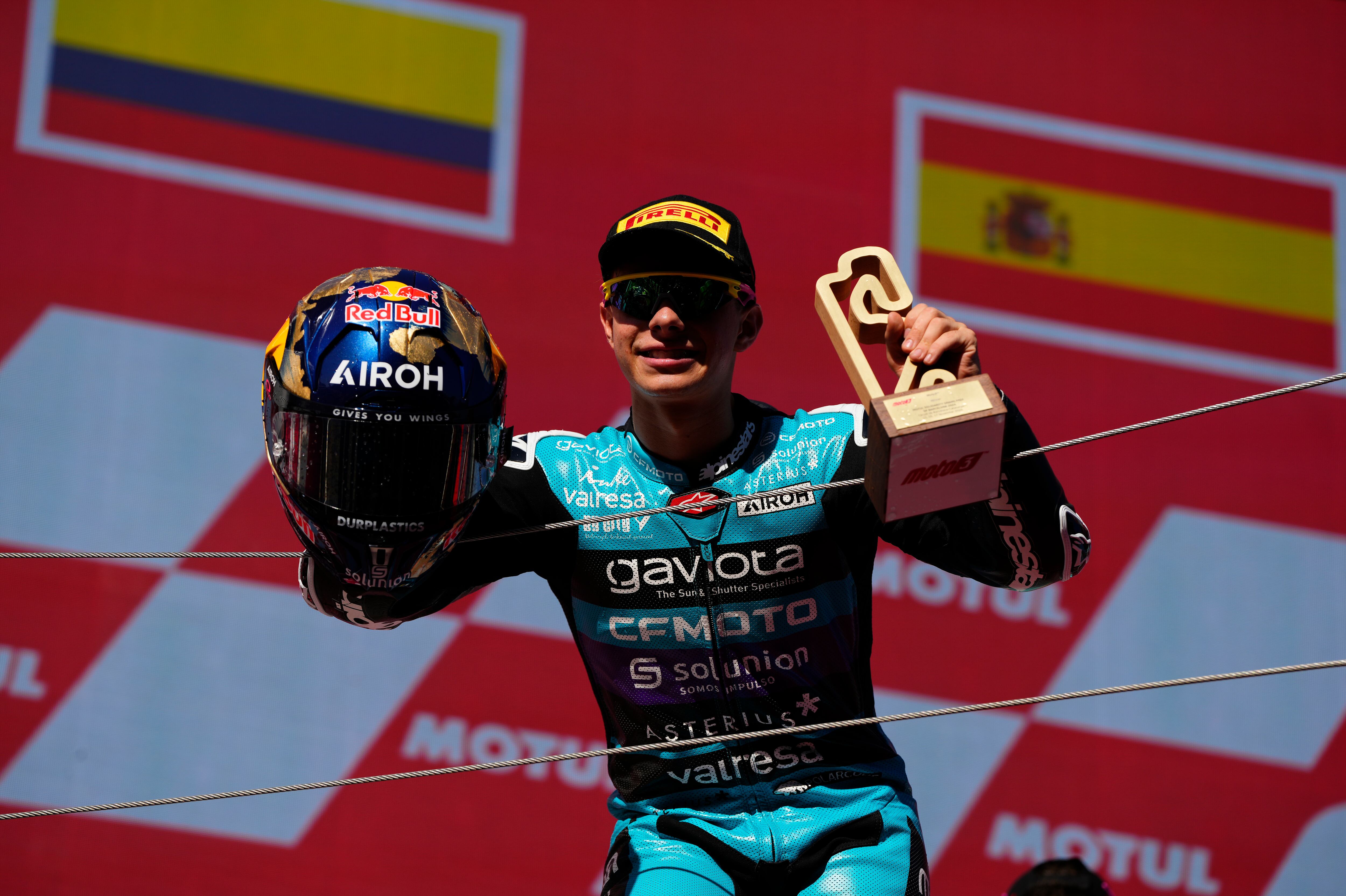David Alonso (80) of Colombia and CFMoto Gaviota Aspar Team celebrates the victory after the race of the Motul Solidarity Grand Prix of Barcelona at Circuit de Barcelona-Catalunya on November 17, 2024 in Barcelona, Spain. (Photo by Jose Breton/Pics Action/NurPhoto via Getty Images)