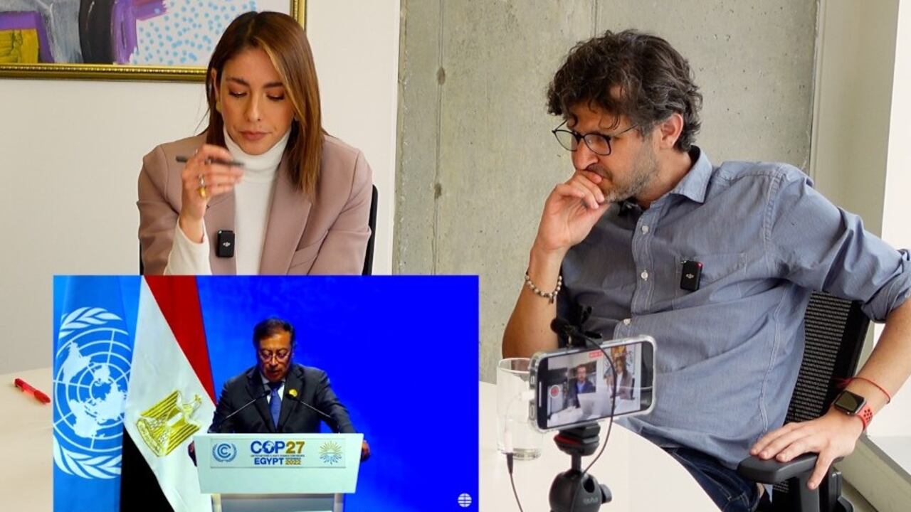 Juanita Gómez y Mauricio Jaramillo analizan discurso de Gustavo Petro en la COP 27. Foto grande por: SEMANA. Foto del presidente Petro: captura de pantalla de la transmisión oficial de la COP 27.