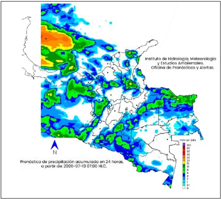 Mapa del clima en Colombia para el lunes 13 de julio.