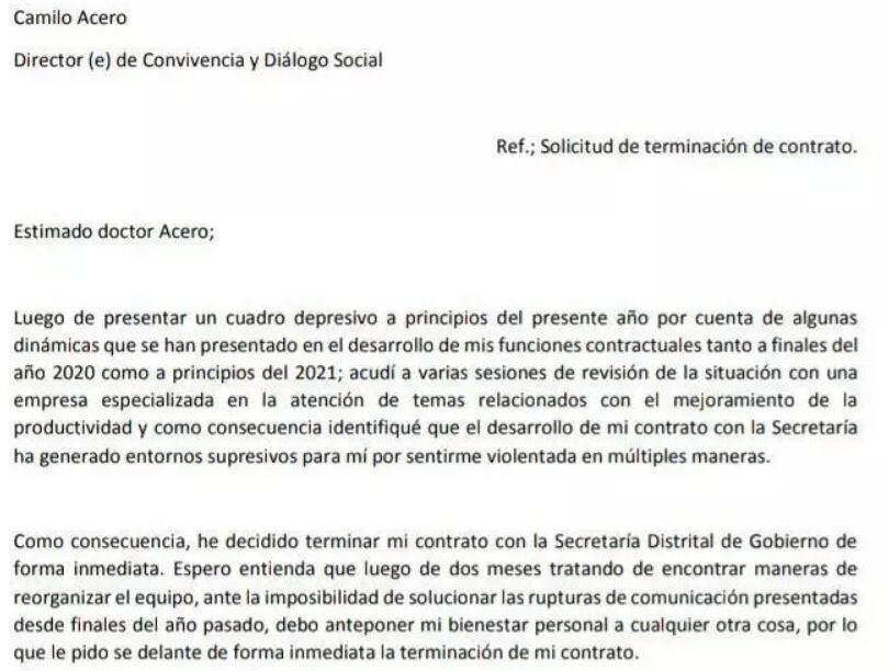 Esta es la carta de renuncia que una de las subordinadas de Nestor García radicó, aduciendo sentirse violentada.