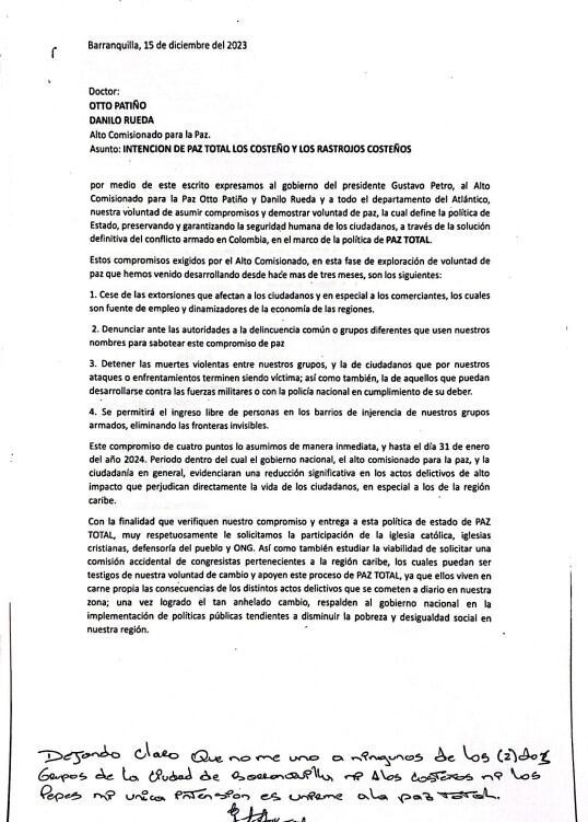 Con cuatro polémicos compromisos, Los Costeños y Rastrojos Costeños, piden pista en la Paz Total