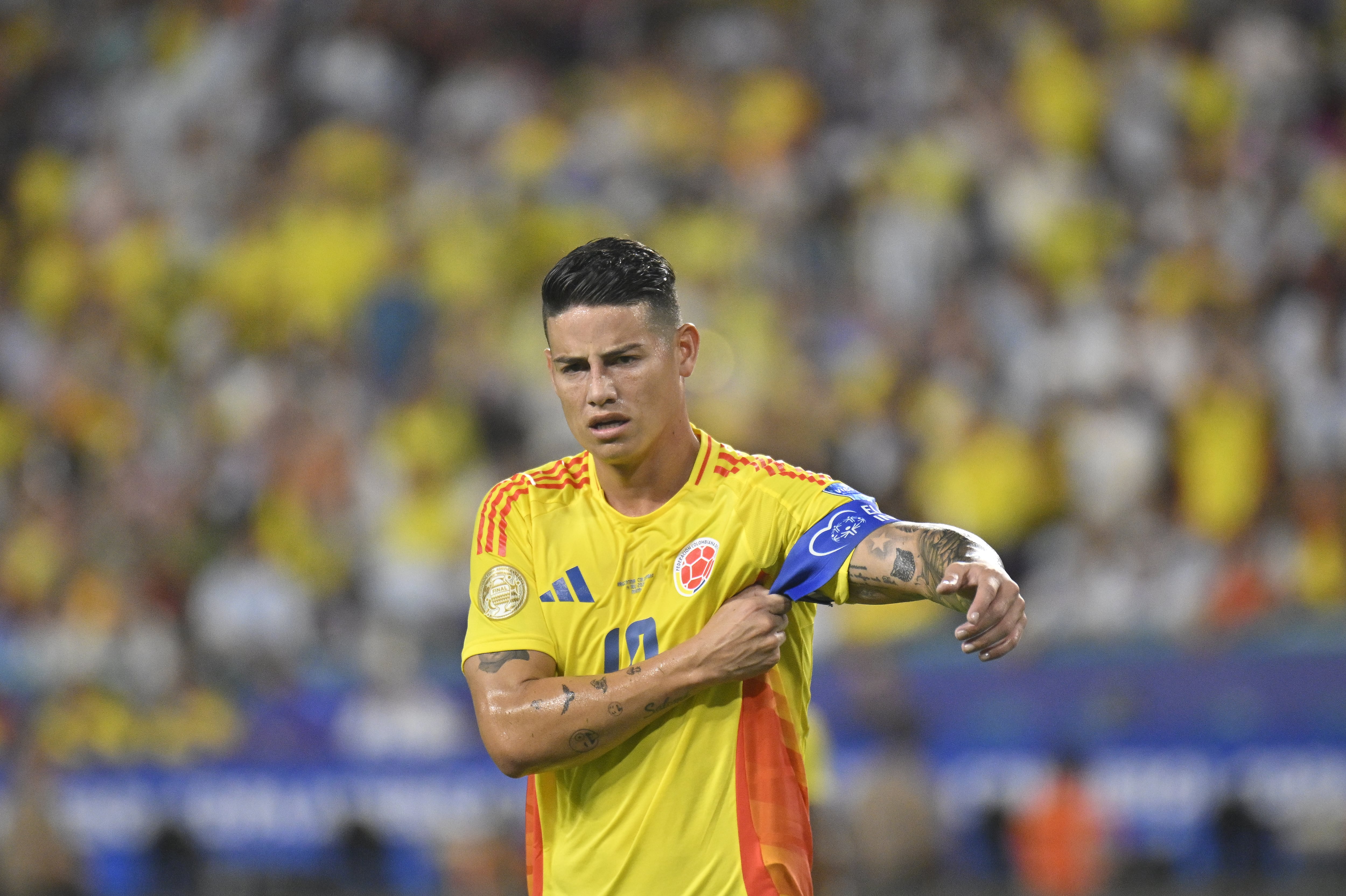 MIAMI GARDENS, FLORIDA - JULY 14: James Rodriguez of Colombia in action during the final match of Copa America between Argentina and Colombia at Hard Rock Stadium in Miami, Florida, United States on July 14, 2024. (Photo by Miguel J Rodriguez Carrillo/Anadolu via Getty Images)