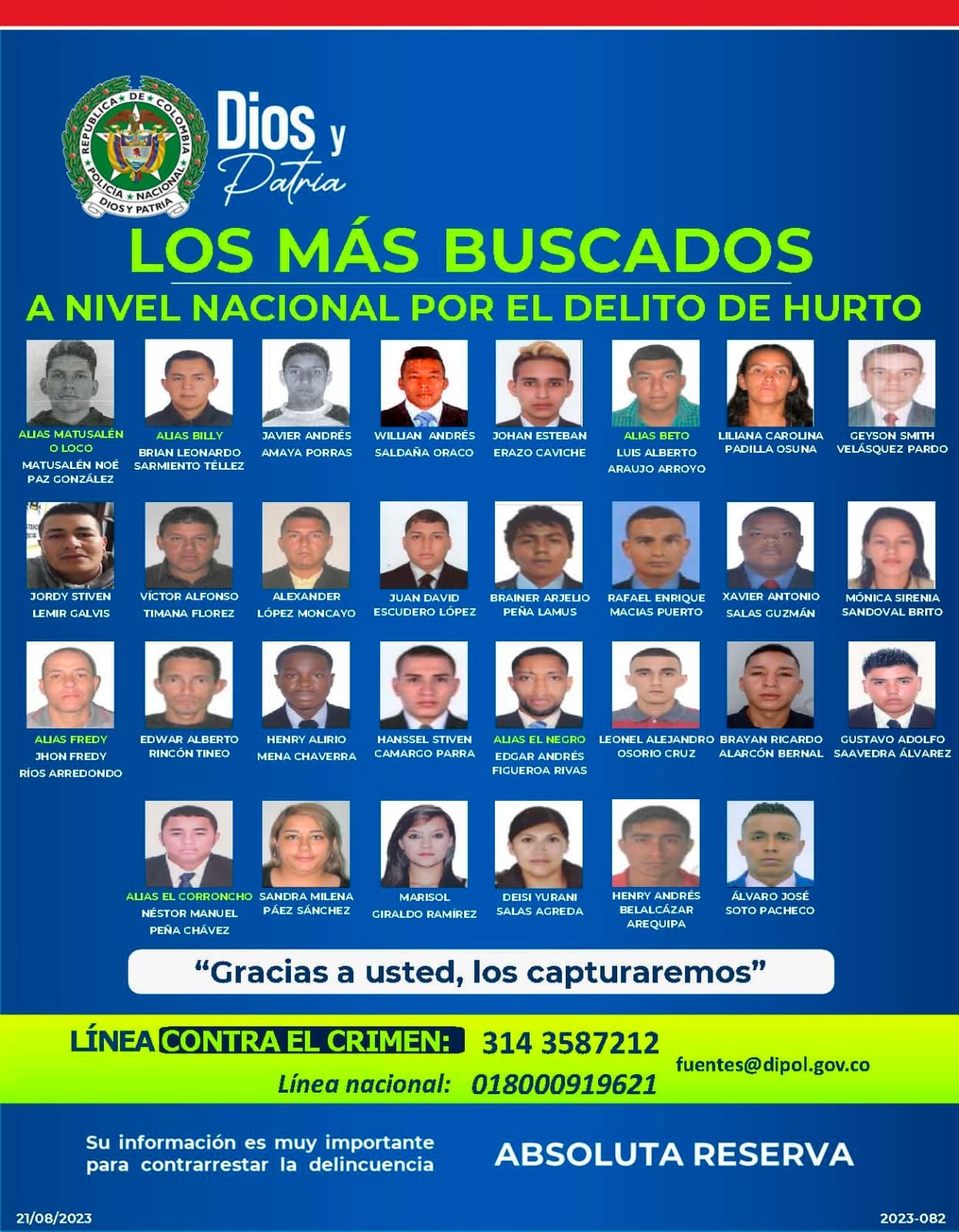 Cartel de los más buscados por hurto.