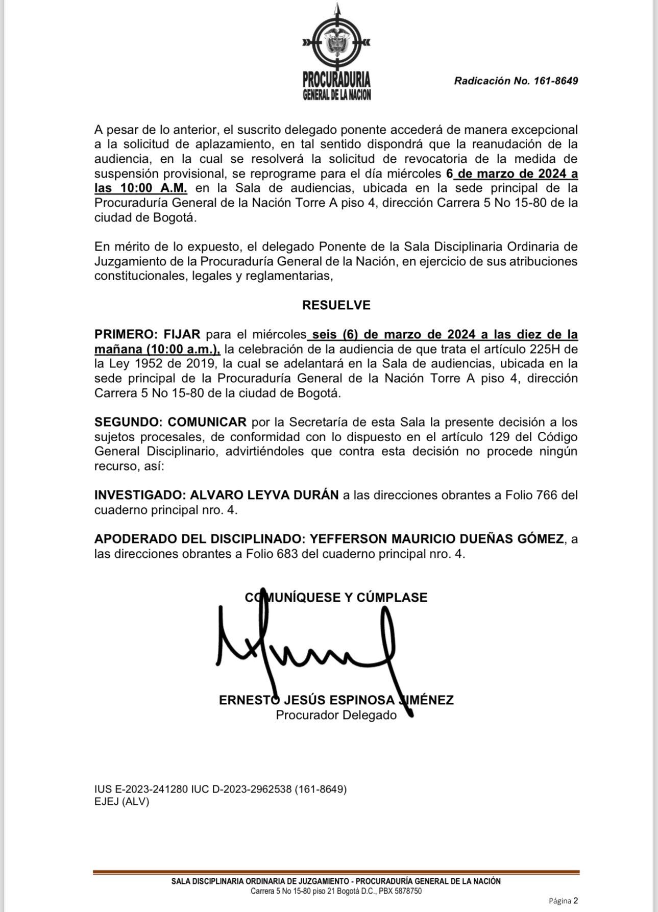 Procuraduría fija audiencia contra Álvaro Leyva.