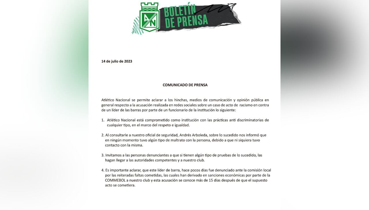 Comunicado Atl. Nacional sobre actos racistas.