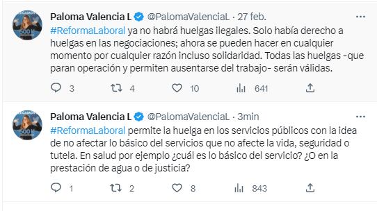 Trinos de la senadora Paloma Valencia en contra de la reforma laboral del Gobierno Petro.