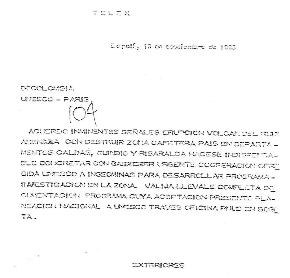 Documento sobre la inminente erupción del Nevado del Ruíz.