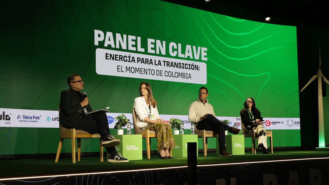Patricia Aparicio Cammaert, gerente de Asuntos Corporativos y Sostenibilidad de AES Colombia; Alejandro Giraldo, vicepresidente ambiental de Aris Mining y Ana Sofía Rojas Carpio, líder de Sostenibilidad y Asuntos Corporativos de Colgas. Moderador: Fernando Páez, director ejecutivo de World Resources Institute (WRI) Colombia.