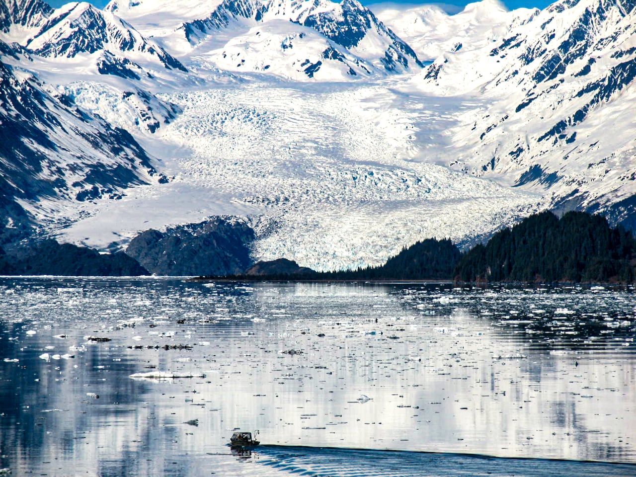 Glacier bay Alaska mirror reflection at Johns Hopkins Glacier, we see a beautiful mirror like reflection over the water from the glacier above the water, there is a small boat going toward the glacier, the shoot was taken from a cruise ship, this is why the shot has a higher position as high angle shot and this is why we see a high volume reflection over the water bed.