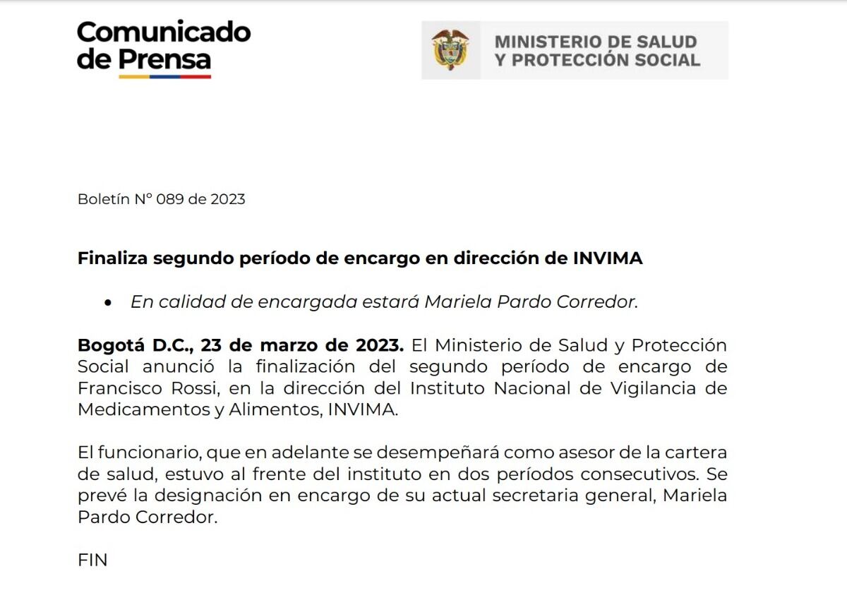 Comunicado del Ministerio de Salud y Protección Social.