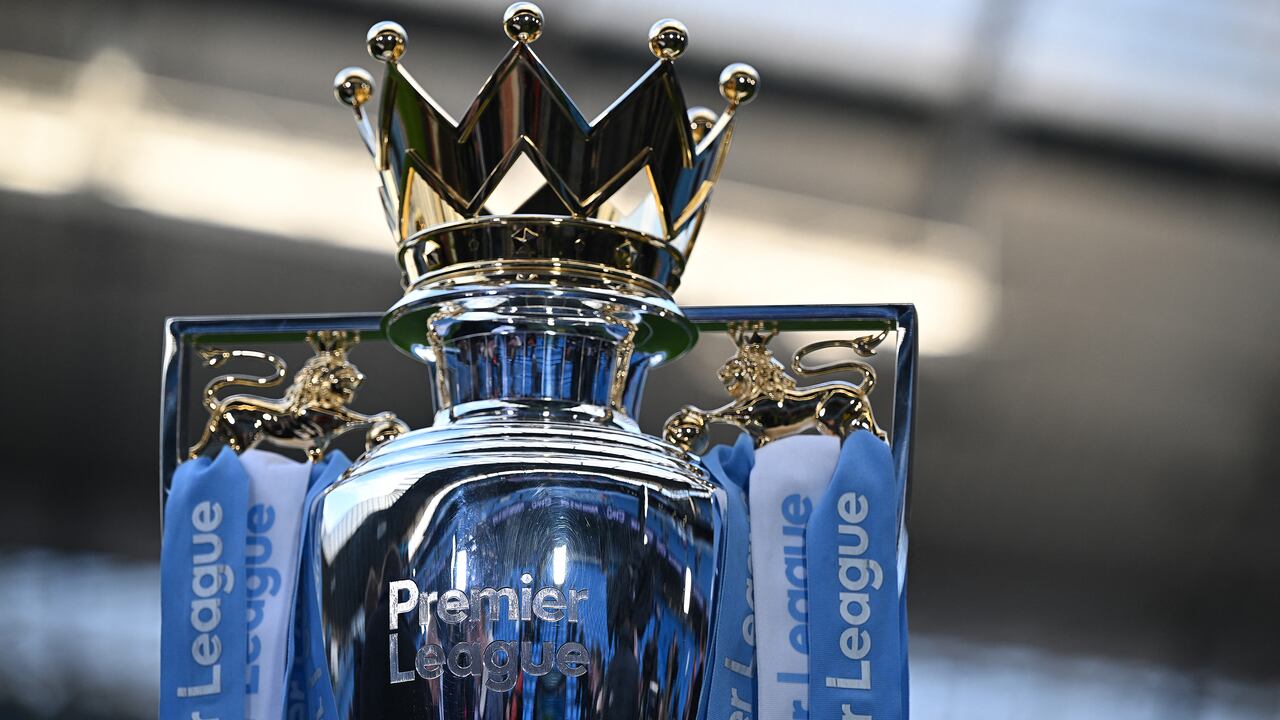 The Premier League trophy is pictured ahead of the English Premier League football match between Manchester City and Arsenal at the Etihad Stadium in Manchester, north west England, on April 26, 2023. (Photo by Oli SCARFF / AFP) / RESTRICTED TO EDITORIAL USE. No use with unauthorized audio, video, data, fixture lists, club/league logos or 'live' services. Online in-match use limited to 120 images. An additional 40 images may be used in extra time. No video emulation. Social media in-match use limited to 120 images. An additional 40 images may be used in extra time. No use in betting publications, games or single club/league/player publications. /