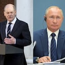 Emanuel Macron, presidente de Francia, Olaf Scholz, canciller de Alemania; Vladimir Putin, presidente de Rusia