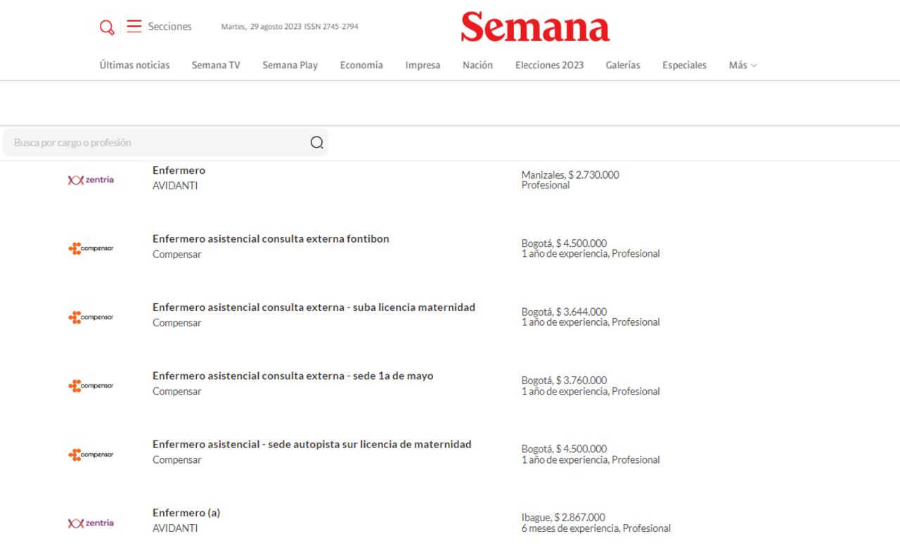 Oferta de empleo para enfermeros y médicos en Colombia.