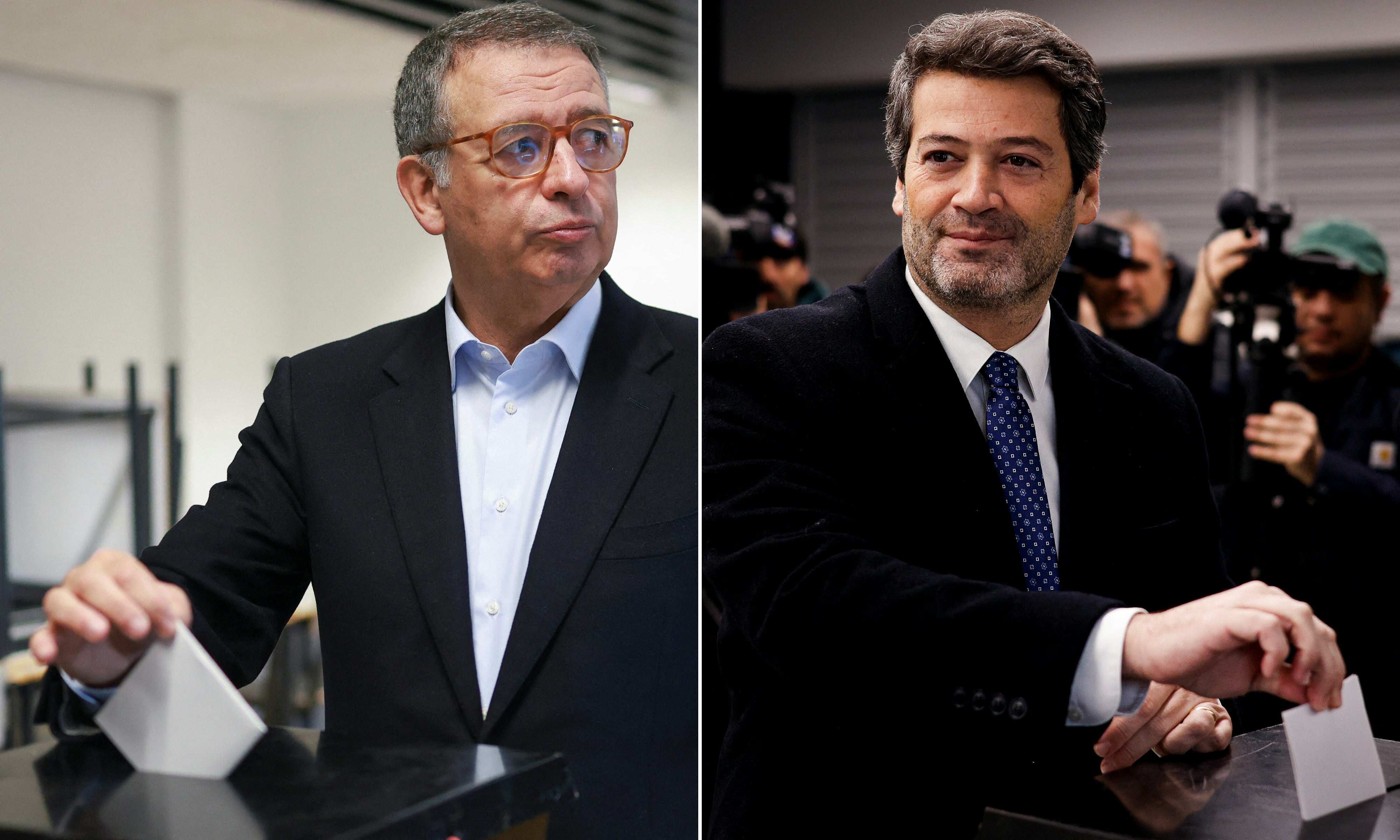 Esta combinación de imágenes, creada el 8 de febrero de 2026, muestra al candidato socialista Antonio José Seguro (izq.) emitiendo su voto en Caldas da Rainha y al candidato de extrema derecha André Ventura votando en Lisboa, el 8 de febrero de 2026, durante la segunda vuelta de las elecciones presidenciales de Portugal.