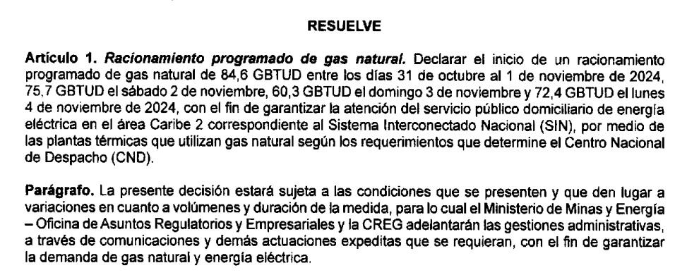 Esta medida se adopta debido al mantenimiento de la planta de regasificación de Cartagena y tiene como objetivo asegurar el suministro de gas para las plantas termoeléctricas en la región caribeña.