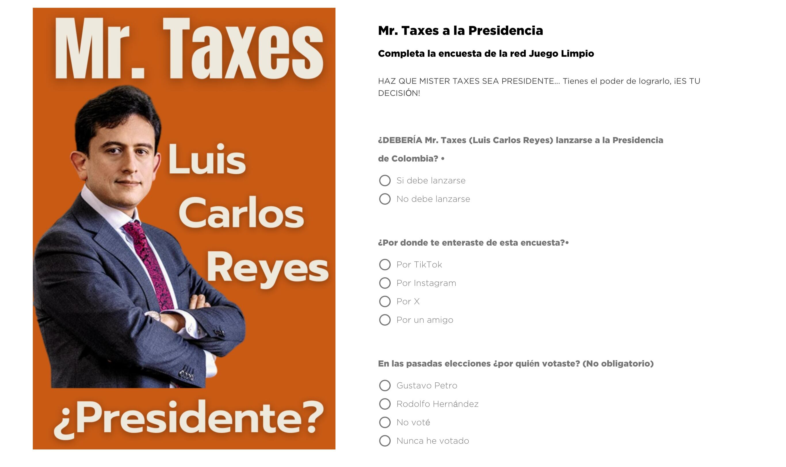 Luis Carlos Reyes ‘Mr. Taxes’ podría ser candidato presidencial, lanzó su propia página para que lo ayuden a decidir