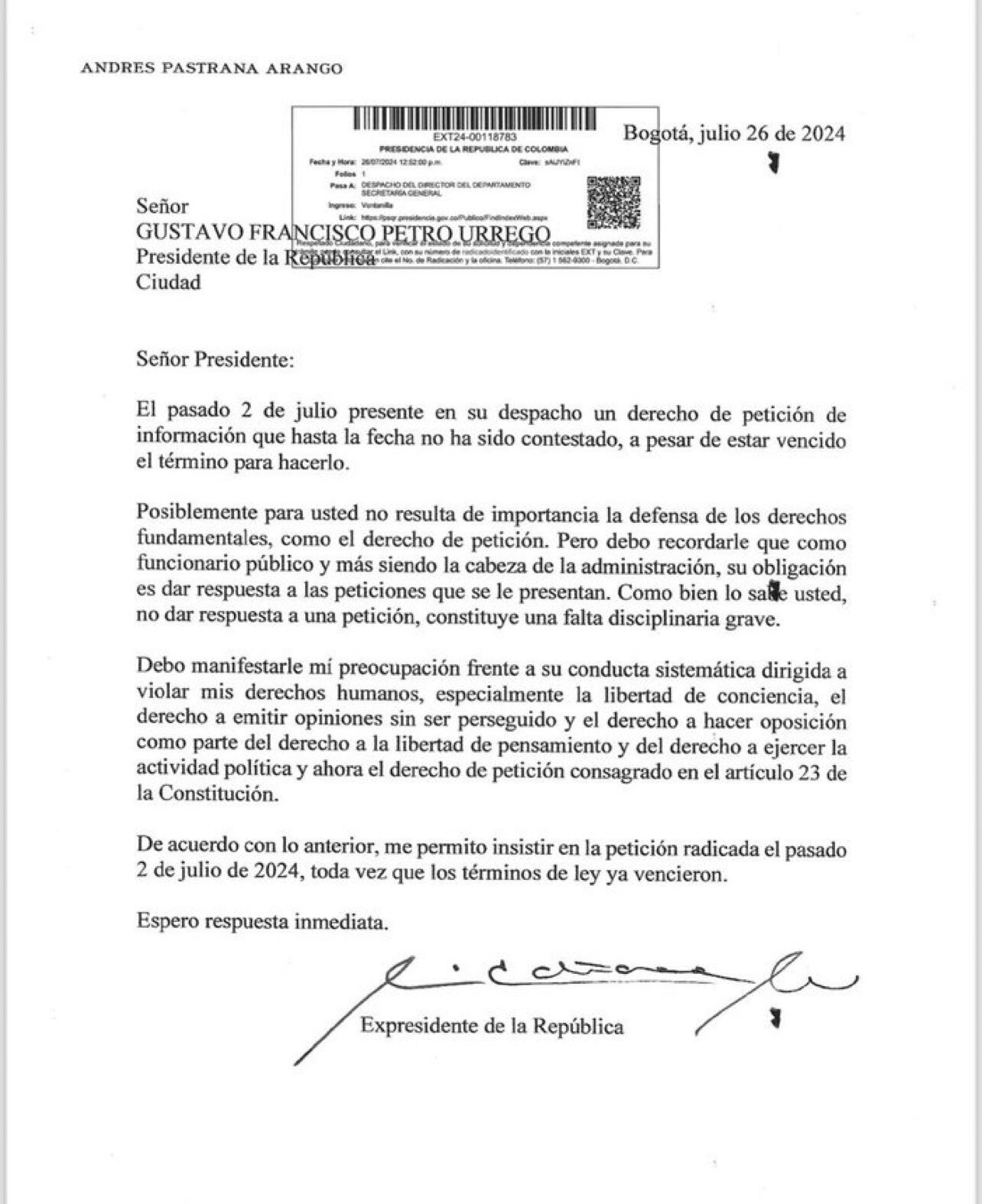 Esta es la nueva carta del expresidente Andrés Pastrana a Gustavo Petro.