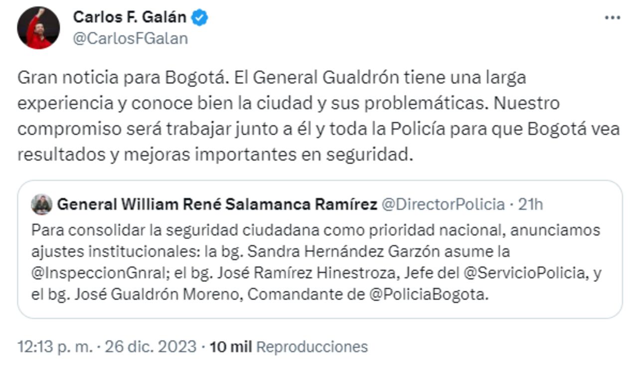 Trino de Carlos Fernando Galán sobre la designación del general José Daniel Gualdrón.