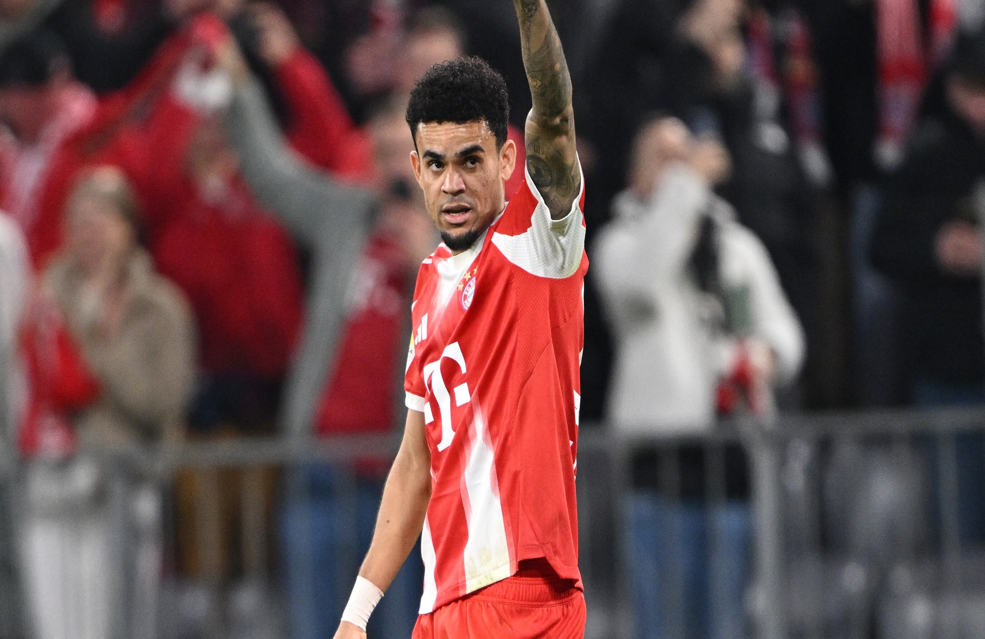 Bayern Munich's Luis Diaz celebrates after scoring during the Bundesliga soccer match between FC Bayern Munich and Borussia Moenchengladbach in Munich, Germany, March 6, 2026. (Harry Langer/dpa via AP)