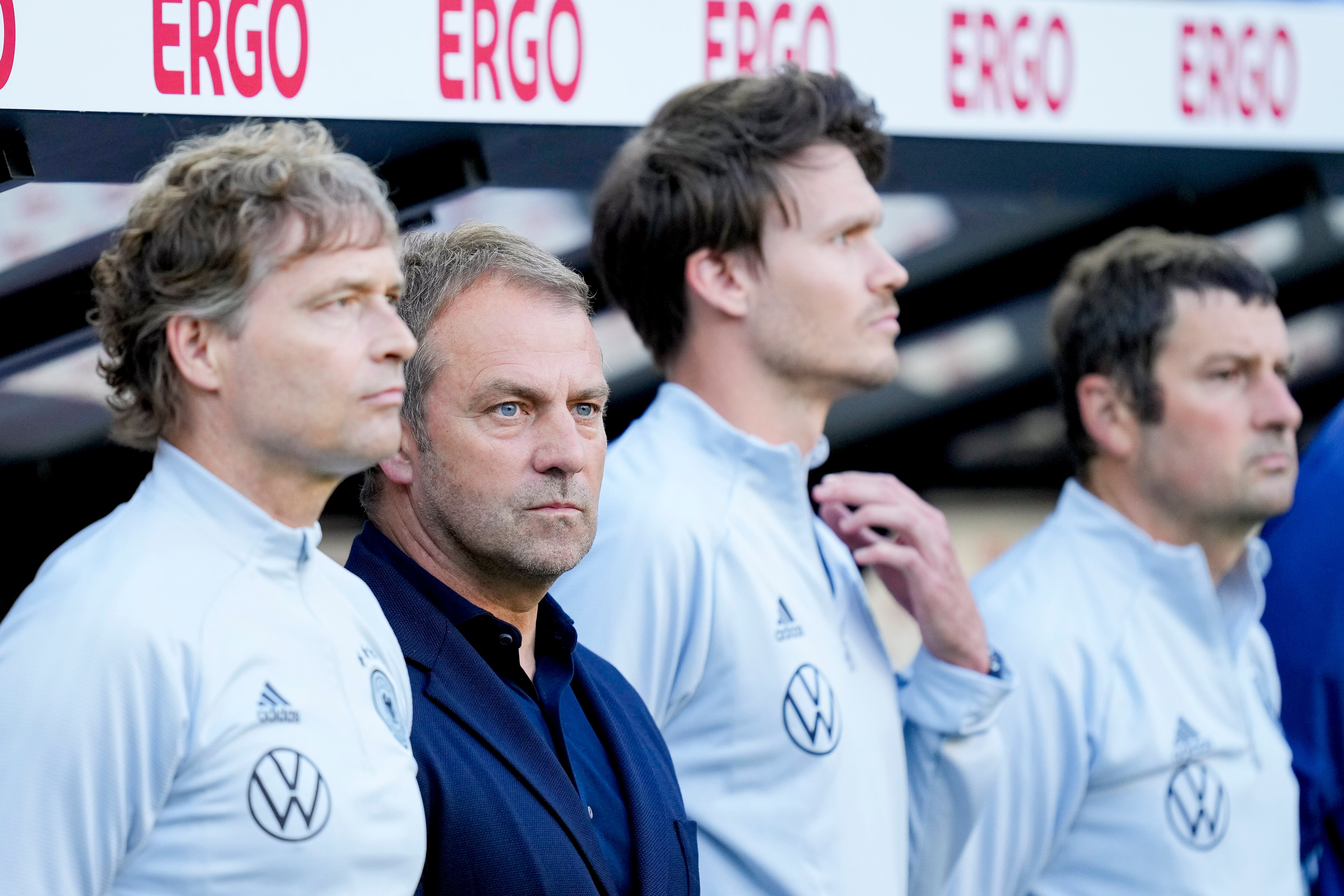 MOENCHENGLADBACH, GERMANY - JUNE 14: head coach Hans-Dieter Flick of Germany looks on prior to the UEFA Nations League League A Group 3 match between Germany and England at Borussia Park Stadium on June 14, 2022 in Moenchengladbach, Germany. (Photo by Alex Gottschalk/DeFodi Images via Getty Images)