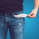 Pobre hombre en jeans con bolsillo vacío y concepto de mosca dibujado