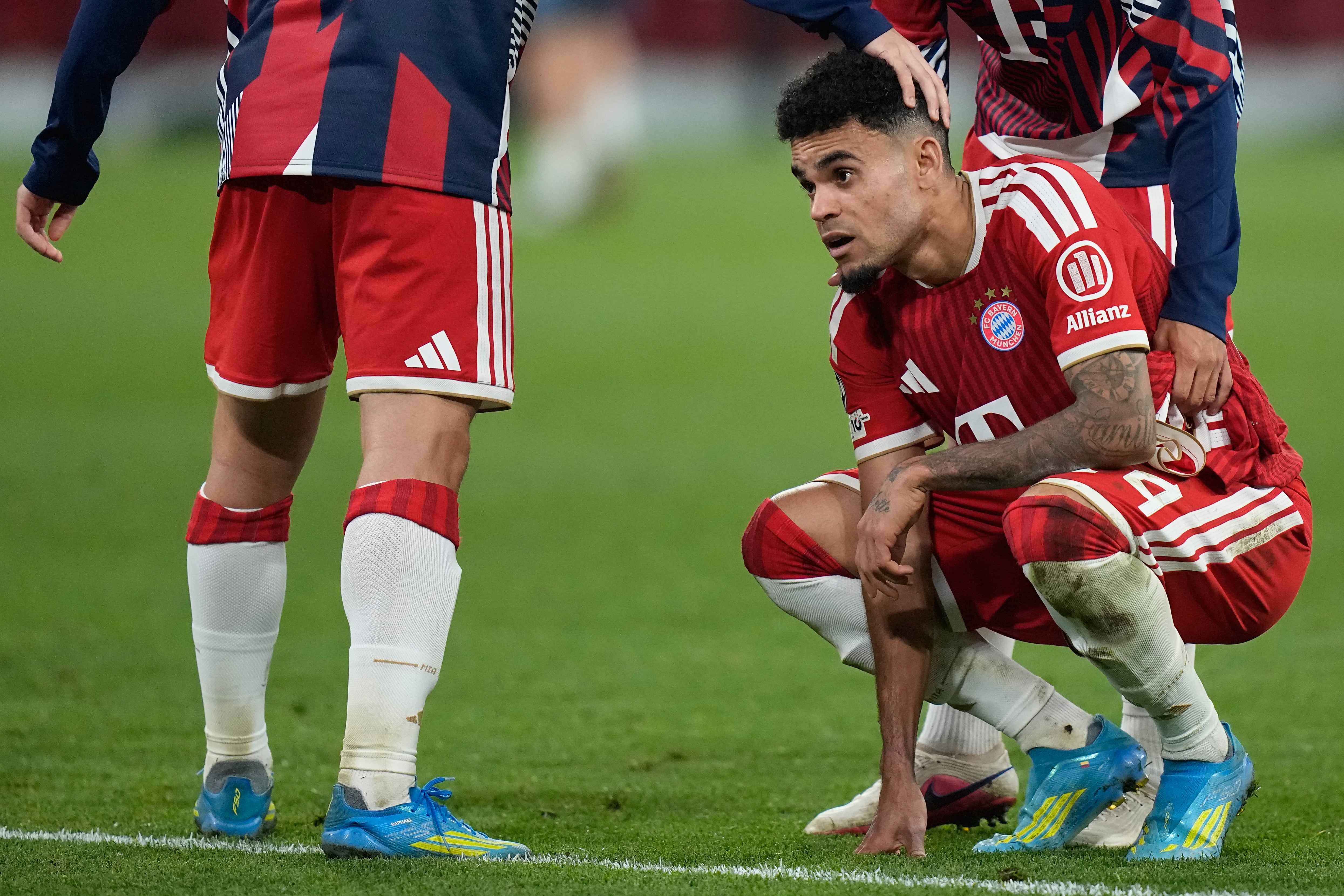 Bayern's Luis Diaz reacts after the Champions League semifinal second leg soccer match between Bayern Munich and Paris Saint Germain in Munich, Germany, Wednesday, May 6, 2026. (AP Photo/Matthias Schrader)
