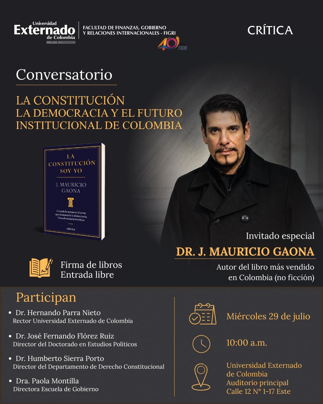 El libro del Dr. Gaona se presentará en el auditorio principal del Externado el próximo miércoles 29 de julio.