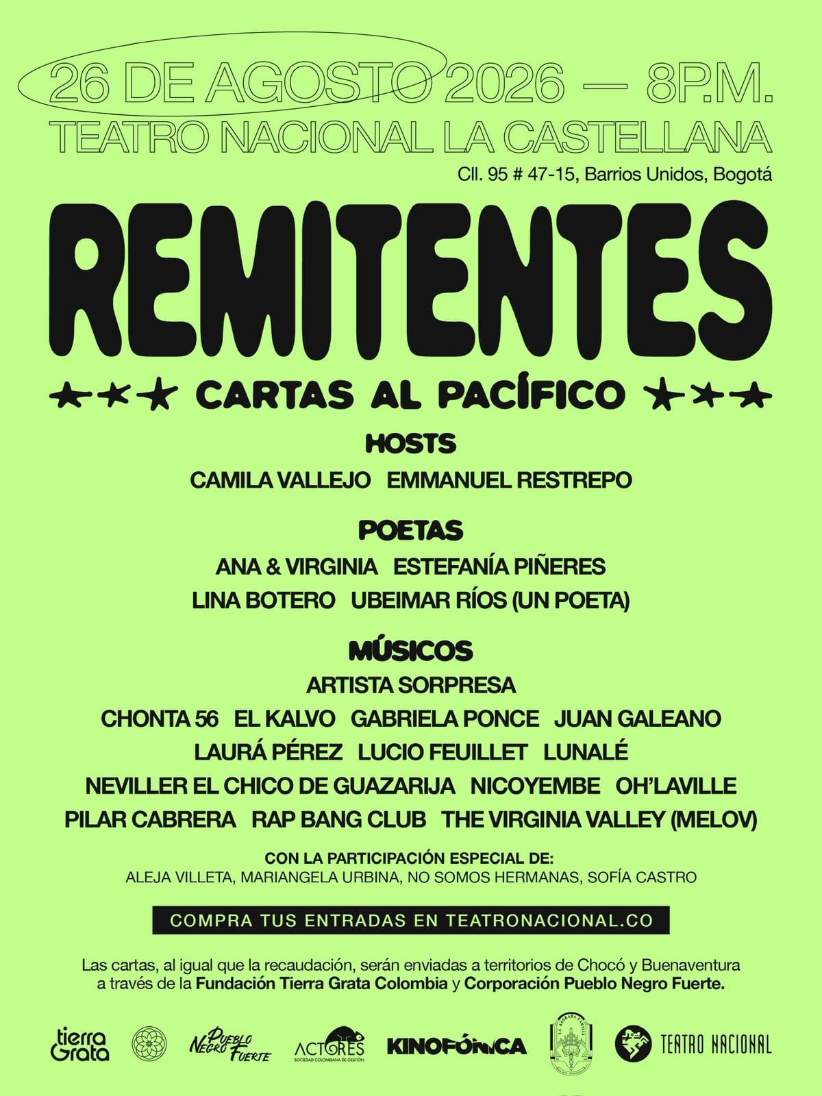 'REMITENTES: Cartas al Pacífico', se realizará mañana, miércoles 26 de agosto, a las 8:00 p. m. en el Teatro Nacional La Castellana.