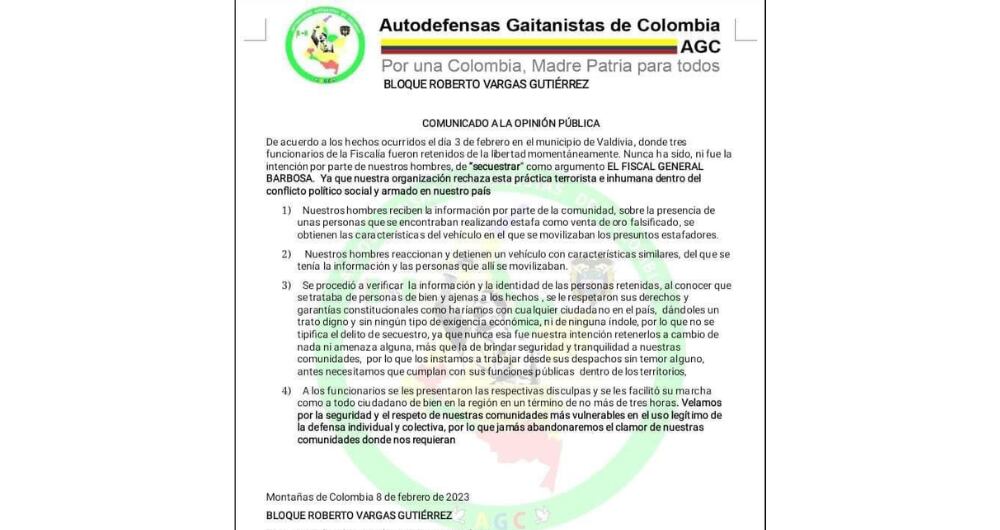 Supuesto comunicado del Clan del Golfo sobre el secuestro de tres fiscales en Antioquia.