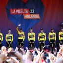 UTRECHT, NETHERLANDS - AUGUST 18: Primoz Roglic of Slovenia, Edoardo Affini of Italy, Rohan Dennis of Australia, Robert Gesink of Netherlands, Chris Harper of Australia, Sepp Kuss of United States, Sam Oomen of Netherlands, Mike Teunissen of Netherlands and Team Jumbo - Visma during the 77th Tour of Spain 2022 - Team Presentation / #LaVuelta22 / #WorldTour / on August 18, 2022 in Utrecht, Netherlands. (Photo by Tim de Waele/Getty Images)