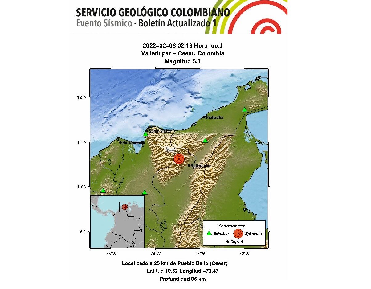 Sismo de magnitud 5,0 en Pueblo Bello, Cesar. Foto: Twitter @sgcol.