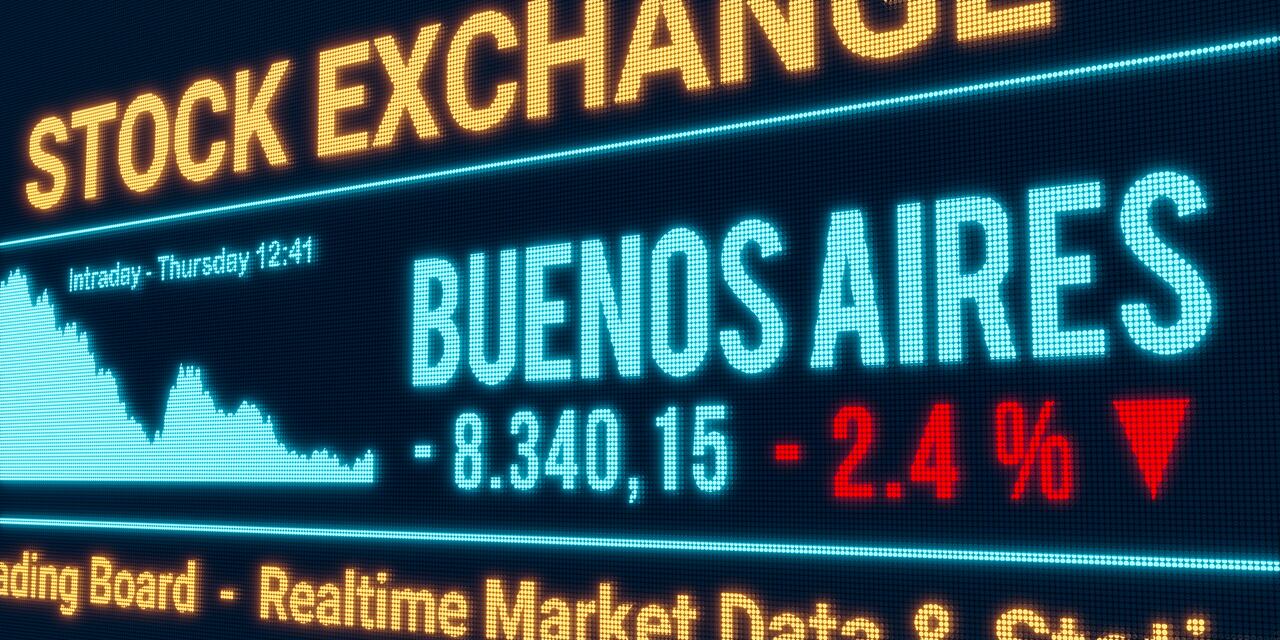 Buenos Aires, stock market moving down. Negative stock exchange data, falling chart on the screen. Red percentage sign, loss and investment. 3D illustration