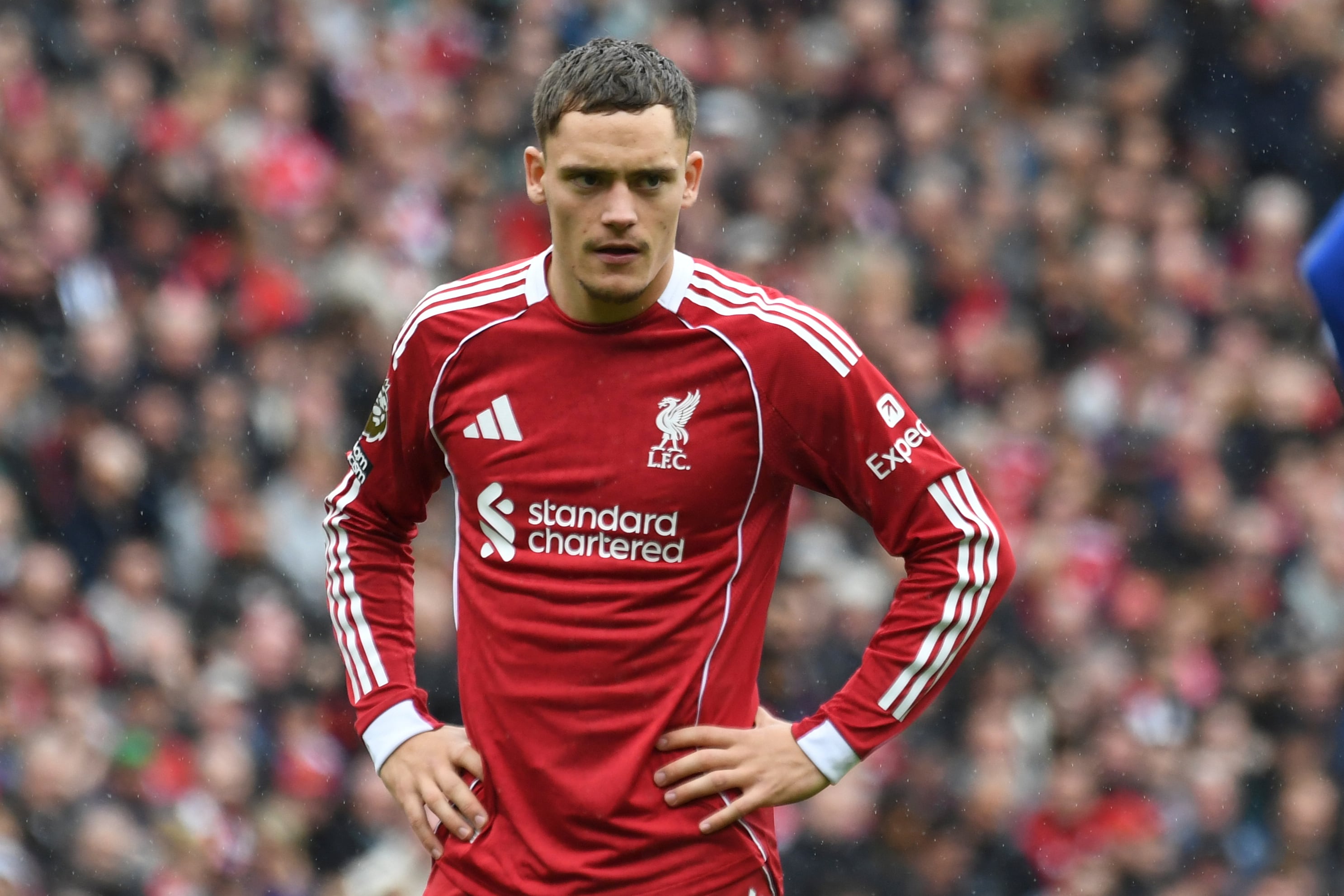 Liverpool's Florian Wirtz looks on during the English Premier League soccer match between Liverpool and Everton at Anfield stadium in Liverpool, England, Saturday, Sept. 20, 2025. (AP Photo/Rui Vieira)