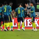 Colombia's Richard Rios, right, celebrates with teammates after assisting Luis Suarez to score their side's opening goal during the first half of an international friendly soccer match against Mexico, Saturday, Sept. 26, 2026, in Baltimore. (AP Photo/Stephanie Scarbrough)
