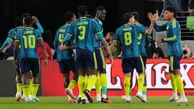 Colombia's Richard Rios, right, celebrates with teammates after assisting Luis Suarez to score their side's opening goal during the first half of an international friendly soccer match against Mexico, Saturday, Sept. 26, 2026, in Baltimore. (AP Photo/Stephanie Scarbrough)